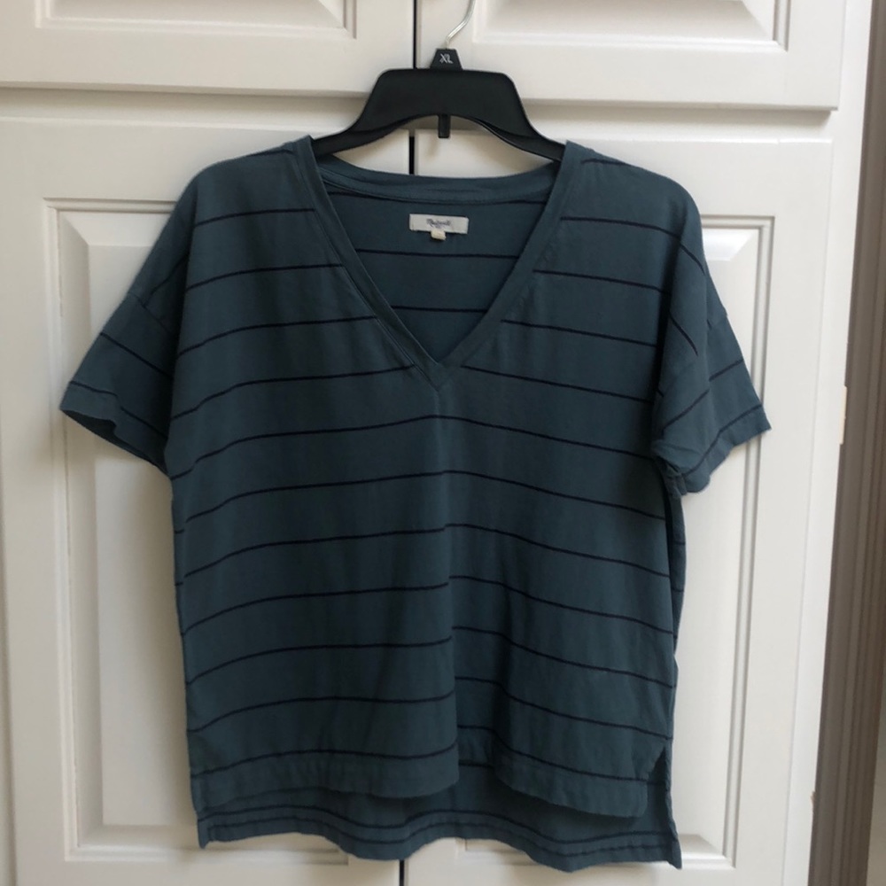 Turquoise/navy striped madewell V-neck t-shirt